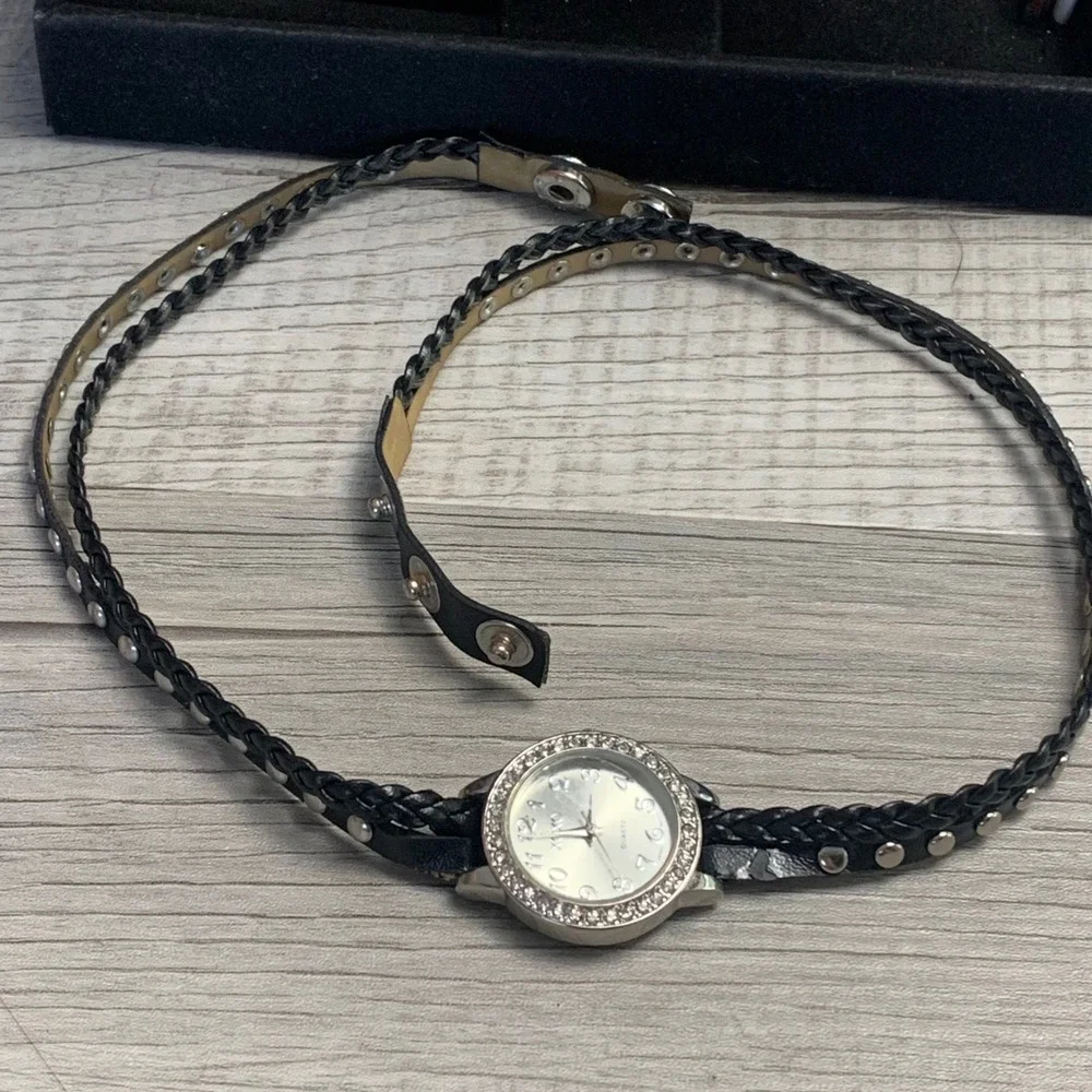 XOXO Womens Black Wrap Watch Rhinestone Bezel Studded Braided Band XO5636